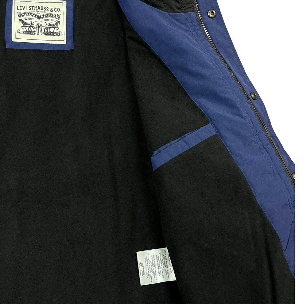 Levis Mens Hooded Jacket XXL Blue Black Fleece Lined Water Resistant Zip Pockets